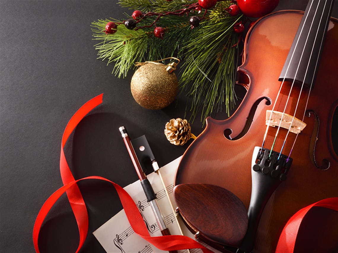 a violin in front of a sprig of christmas tree with a red ribbon